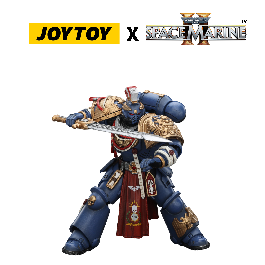 JoyToy Warhammer 40,000 Space Marine 2 Action Figure - Ultramarines, Relic Primus Armour, with Plasma Pistol and Combat Blade (1/18 Scale) Preorder
