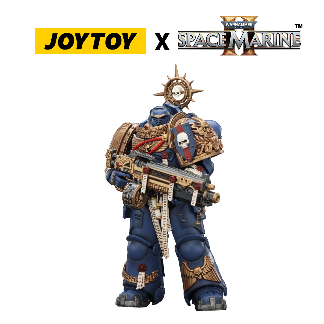 JoyToy Warhammer 40,000 Space Marine 2 Action Figure - Ultramarines, Heavy Relic Primus Armour, with Heavy Relic Bolt Rifle (1/18 Scale) Preorder