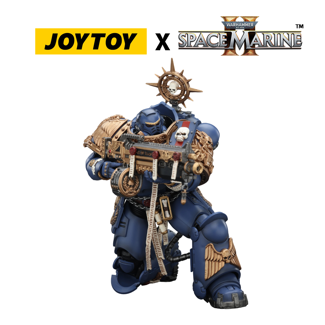 JoyToy Warhammer 40,000 Space Marine 2 Action Figure - Ultramarines, Heavy Relic Primus Armour, with Heavy Relic Bolt Rifle (1/18 Scale) Preorder