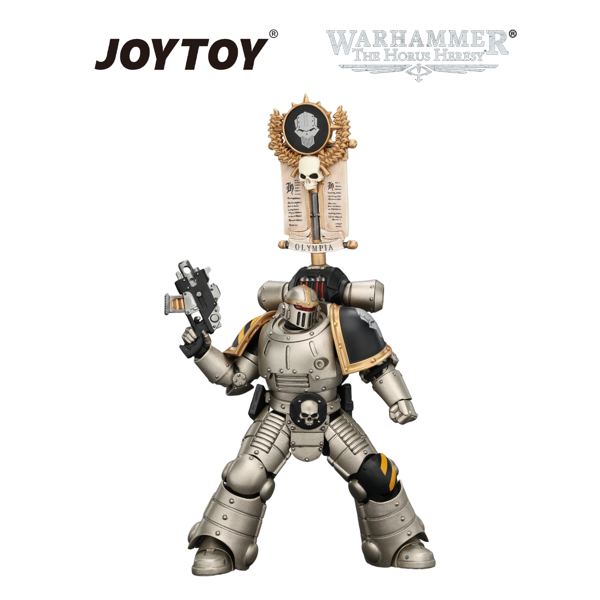 JOYTOY Warhammer The Horus Heresy - Iron Warriors, MkII Legionary 1 with Vexilla, Bolter and Bolt Pistol (1/18 Scale) Preorder