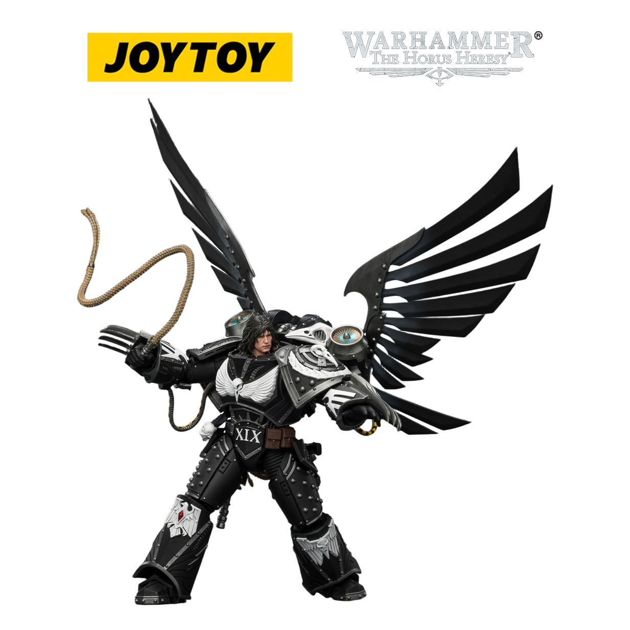 JOYTOY Warhammer The Horus Heresy - Raven Guard Corvus Corax, Primarch of the XIX Legion with Artificer-crafted Lightning Talons, Archaeotech Pistols, and Whip (1/18 Scale) Preorder & Exclusive T Shirt