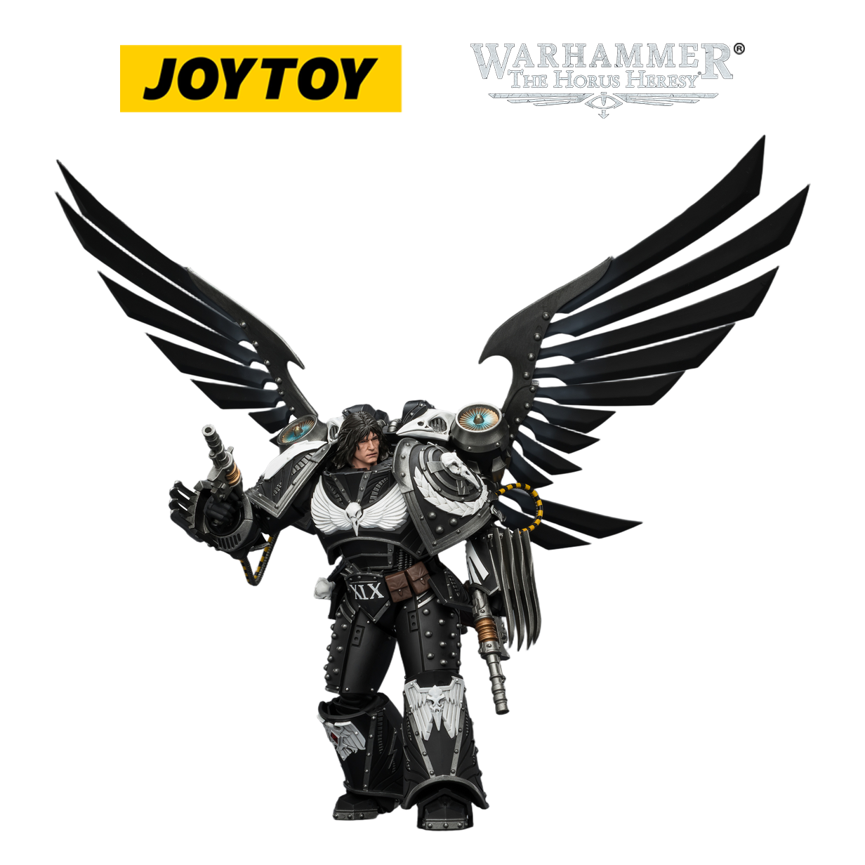 JOYTOY Warhammer The Horus Heresy - Raven Guard Corvus Corax, Primarch of the XIX Legion with Artificer-crafted Lightning Talons, Archaeotech Pistols, and Whip (1/18 Scale) Preorder & Exclusive T Shirt
