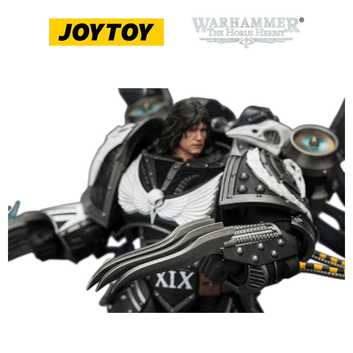 JOYTOY Warhammer The Horus Heresy - Raven Guard Corvus Corax, Primarch of the XIX Legion with Artificer-crafted Lightning Talons, Archaeotech Pistols, and Whip (1/18 Scale) Preorder & Exclusive T Shirt