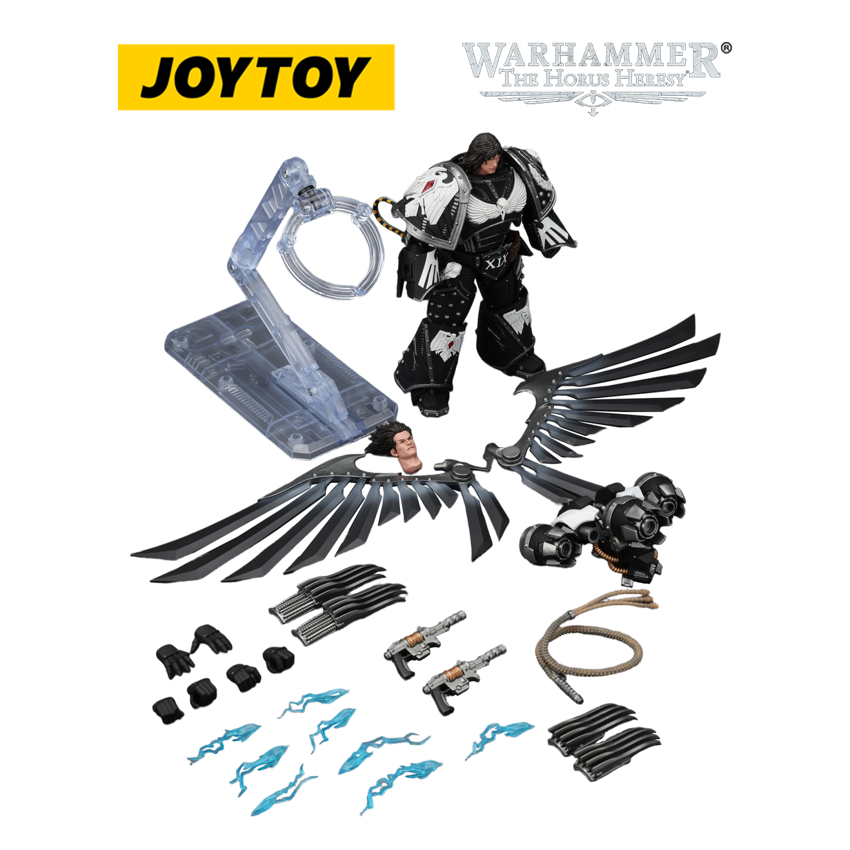 JOYTOY Warhammer The Horus Heresy - Raven Guard Corvus Corax, Primarch of the XIX Legion with Artificer-crafted Lightning Talons, Archaeotech Pistols, and Whip (1/18 Scale) Preorder & Exclusive T Shirt