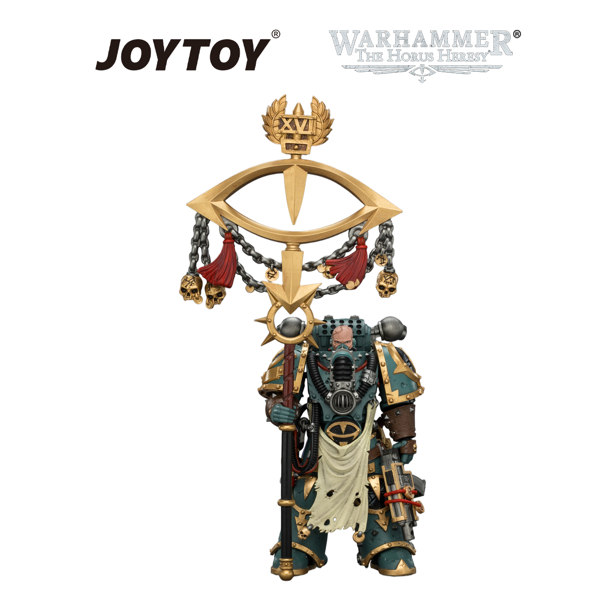 JOYTOY Warhammer The Horus Heresy - Sons of Horus, Maloghurst the Twisted, The Warmaster's Equerry, with Legion Standard and Banestrike Bolter (1/18 Scale)