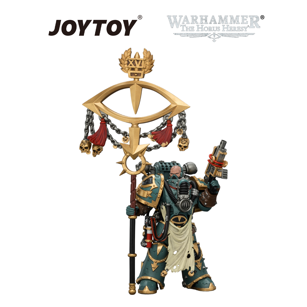 JOYTOY Warhammer The Horus Heresy - Sons of Horus, Maloghurst the Twisted, The Warmaster's Equerry, with Legion Standard and Banestrike Bolter (1/18 Scale)