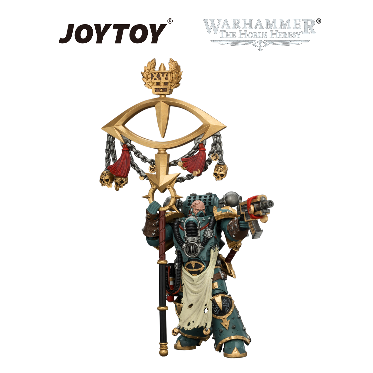 JOYTOY Warhammer The Horus Heresy - Sons of Horus, Maloghurst the Twisted, The Warmaster's Equerry, with Legion Standard and Banestrike Bolter (1/18 Scale)