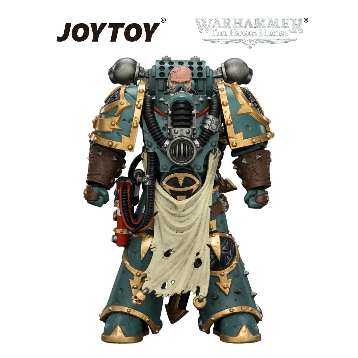 JOYTOY Warhammer The Horus Heresy - Sons of Horus, Maloghurst the Twisted, The Warmaster's Equerry, with Legion Standard and Banestrike Bolter (1/18 Scale)