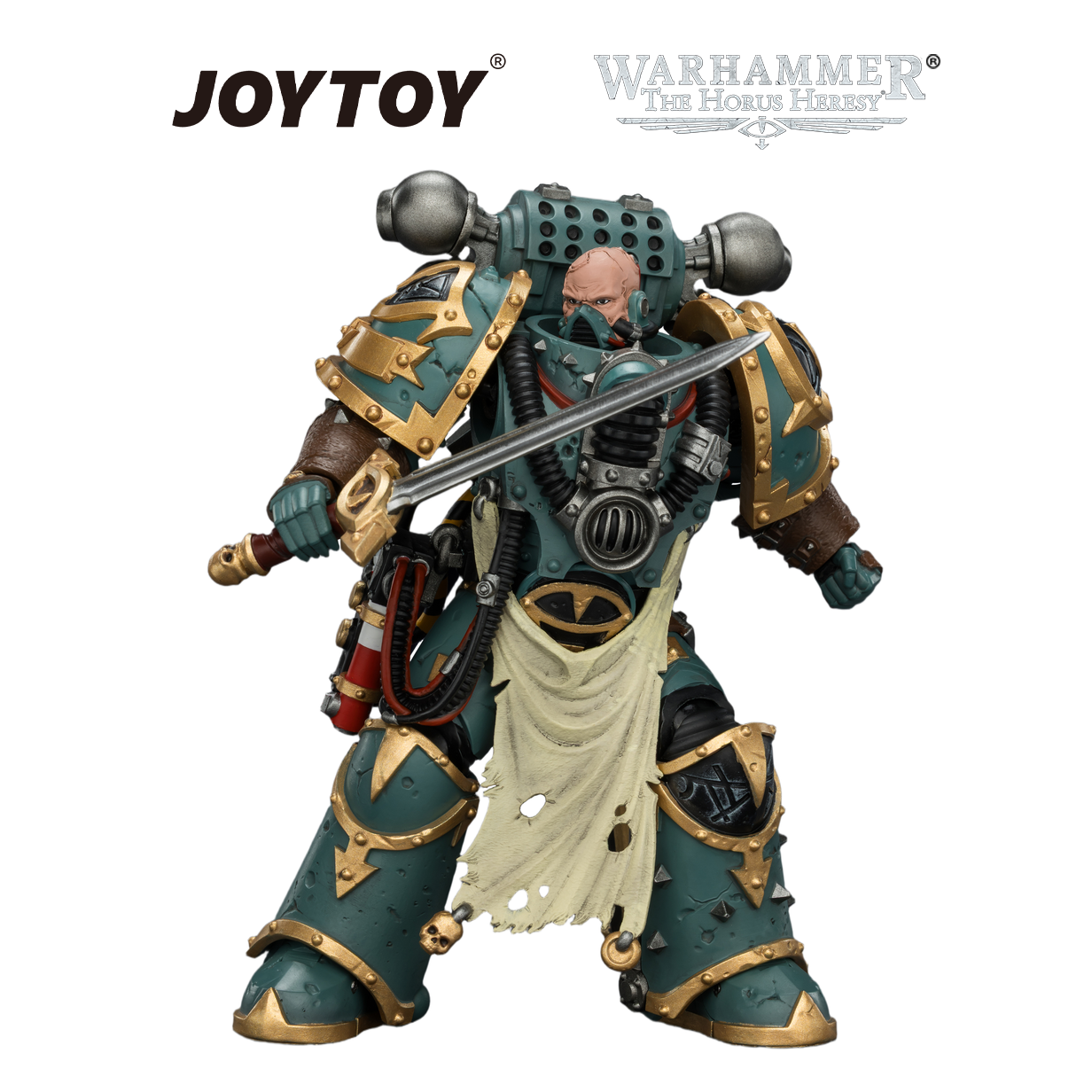 JOYTOY Warhammer The Horus Heresy - Sons of Horus, Maloghurst the Twisted, The Warmaster's Equerry, with Legion Standard and Banestrike Bolter (1/18 Scale)