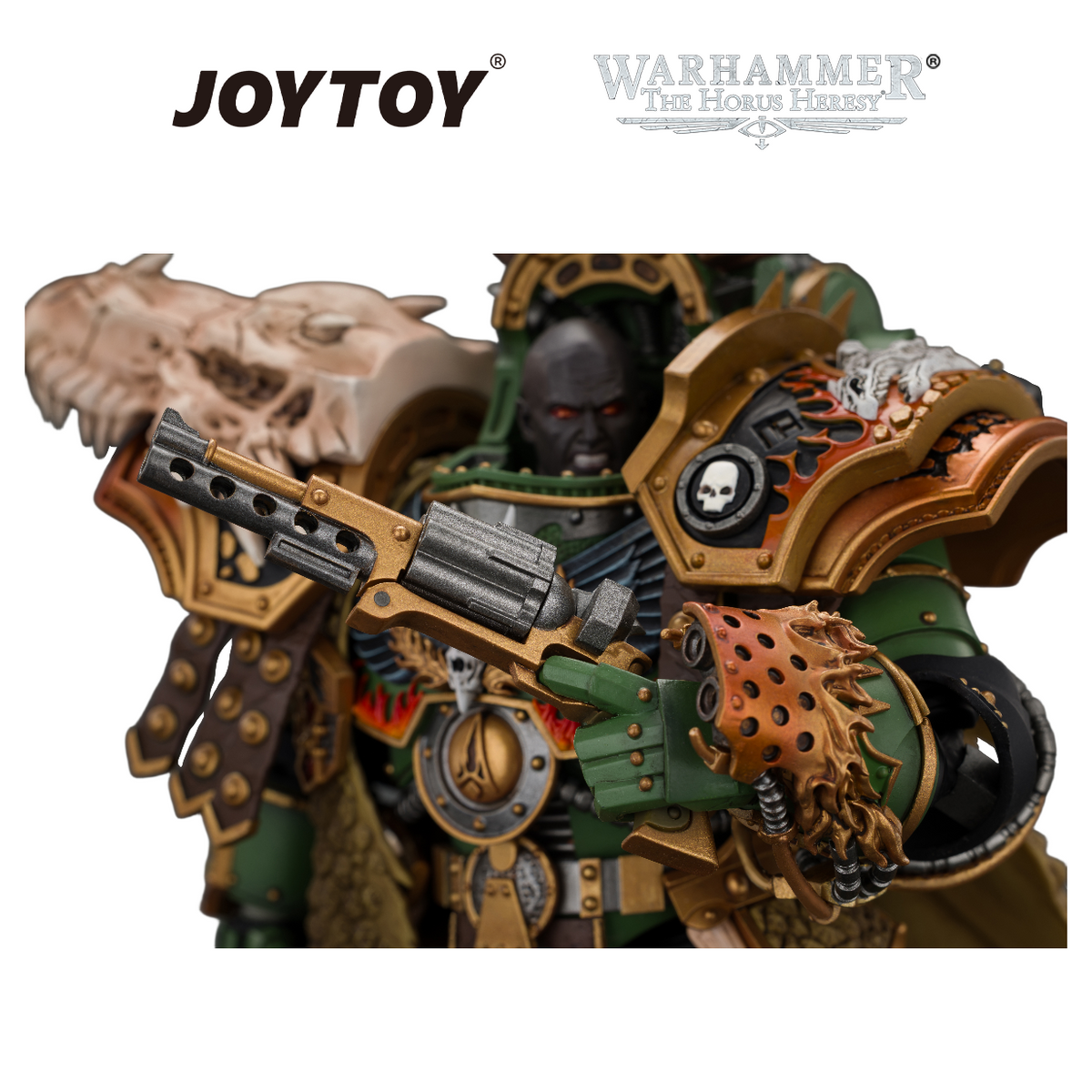 JOYTOY Warhammer The Horus Heresy - Salamanders, Vulkan, Primarch of the XVIIIth Legion with Dawnbringer, The Furnace's Heart and Dragon's Breath Gauntlet (1/18 Scale) Preorder & Exclusive T Shirt USA