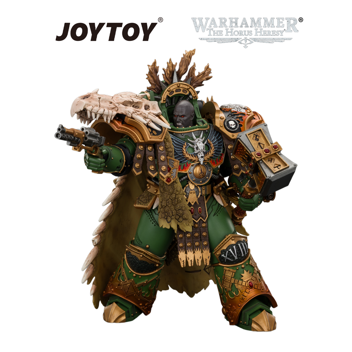 JOYTOY Warhammer The Horus Heresy - Salamanders, Vulkan, Primarch of the XVIIIth Legion with Dawnbringer, The Furnace's Heart and Dragon's Breath Gauntlet (1/18 Scale) Preorder & Exclusive T Shirt